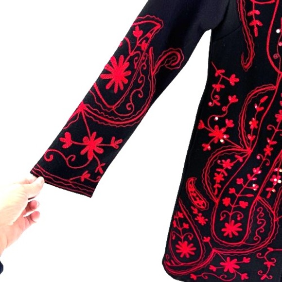 Metrostyle Wool Embroidered Sequence Long Coat Women's M Black Red Hippie Boho - Picture 5 of 11